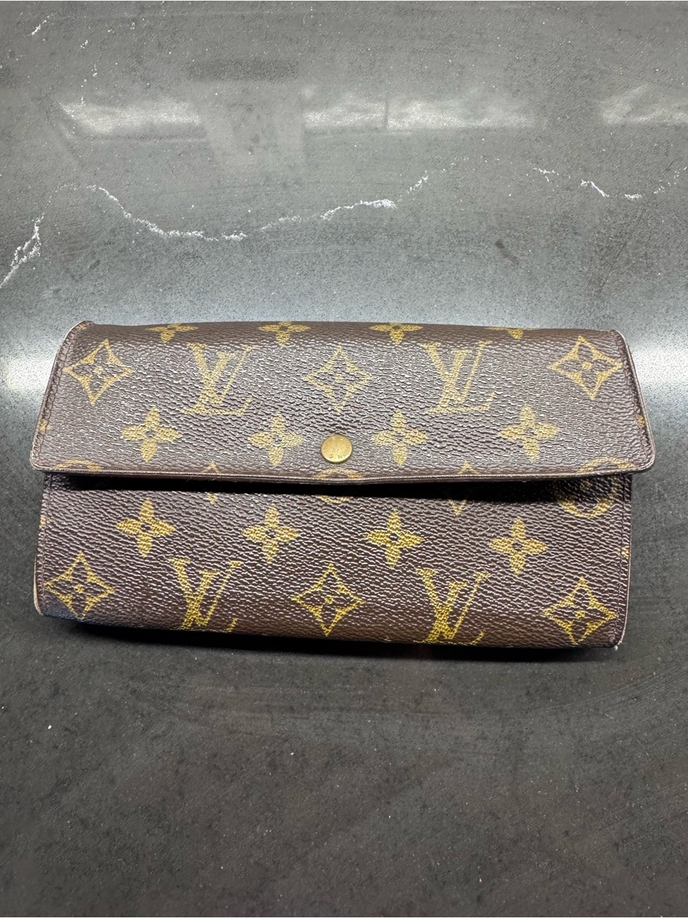 Louis Vuitton Sarah Monogram Canvas Flap Wallet in Brown and Gold